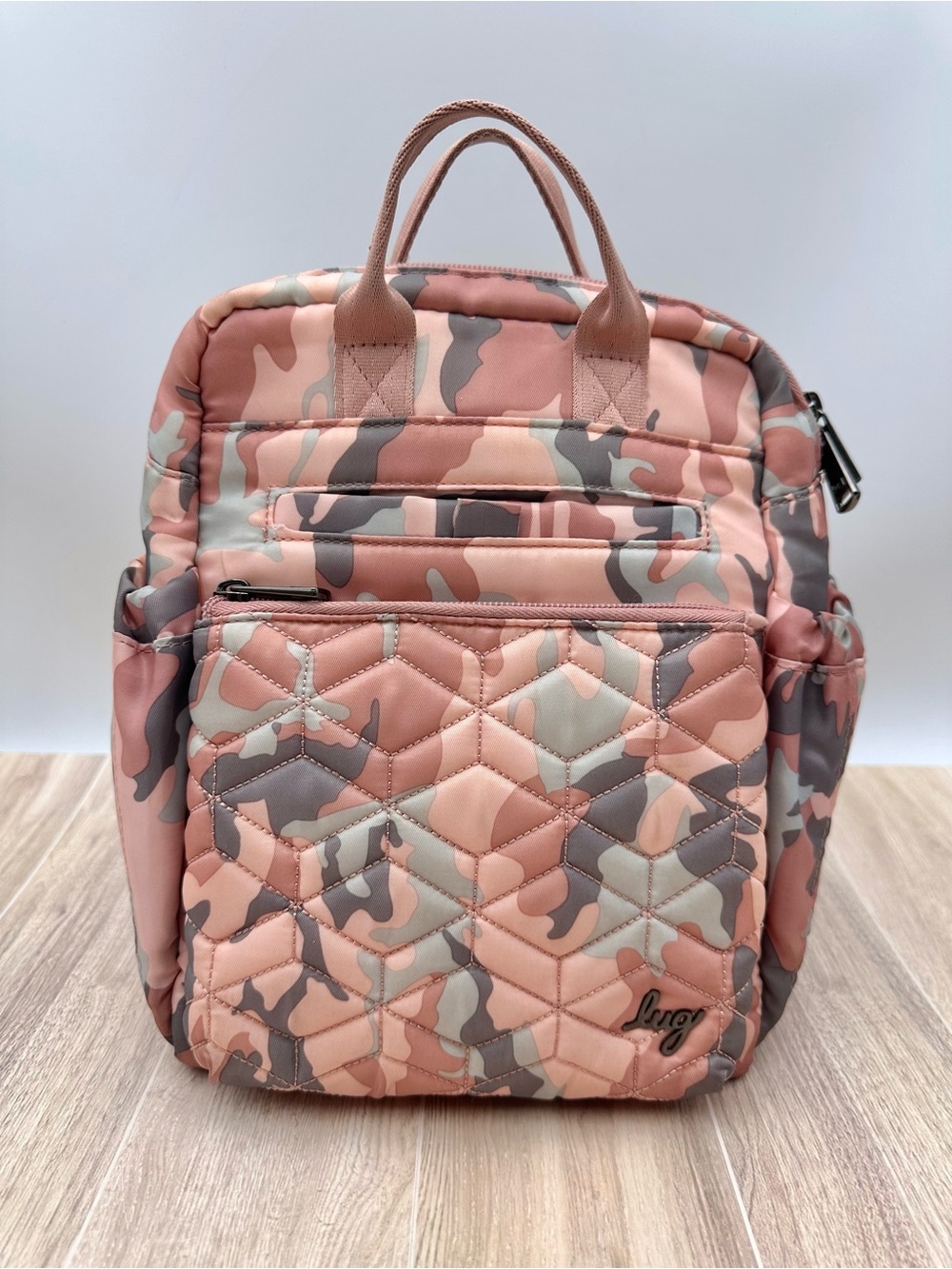 Lug Dodger RFID Small Travel Backpack Rose & Gray Pink Camp Print EUC